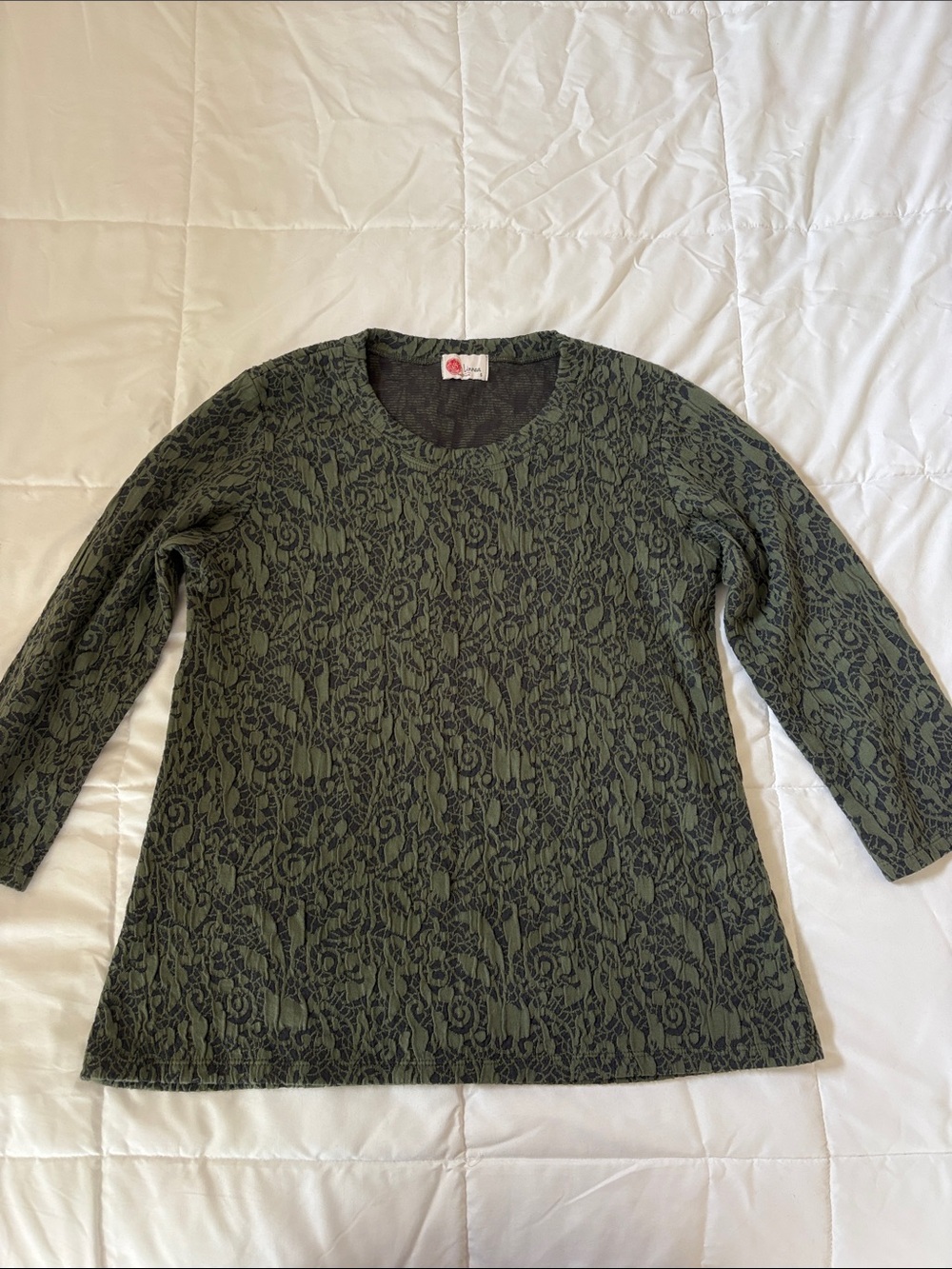 Olive Green Crewneck Textured 3/4 Length Sleeve Shirt  - Linnea Made in USA